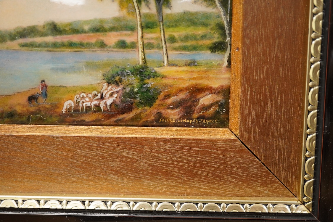 Camille Fauré (1874-1956), A pair of landscape scenes, signed lower right, enamels, framed, 13cm x 8.5cm